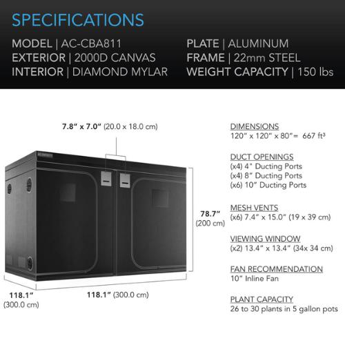 AC Infinity AC-CBA811 Cloudlab 811 10' x 10' Advance Grow Tent with Higher Density 2000D Diamond Mylar Canvas