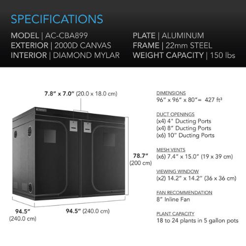 AC Infinity AC-CBA899 Cloudlab 899 8' x 8' Advance Grow Tent with Higher Density 2000D Diamond Mylar Canvas