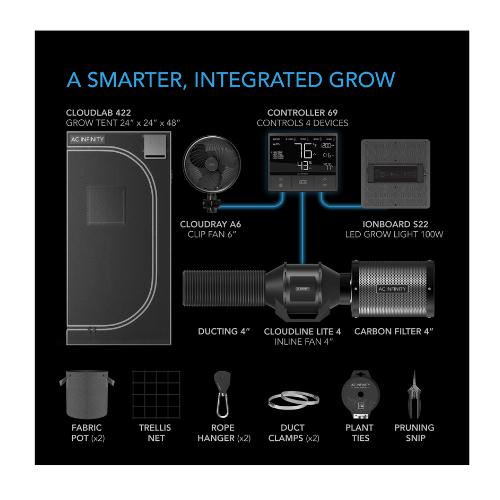 AC Infinity AC-PKA22 2' x 2' Compact Advance Grow Tent System 1-Plant Kit with Integrated Smart Controls to Automate Ventilation and Circulation with Full Spectrum LED Grow Light