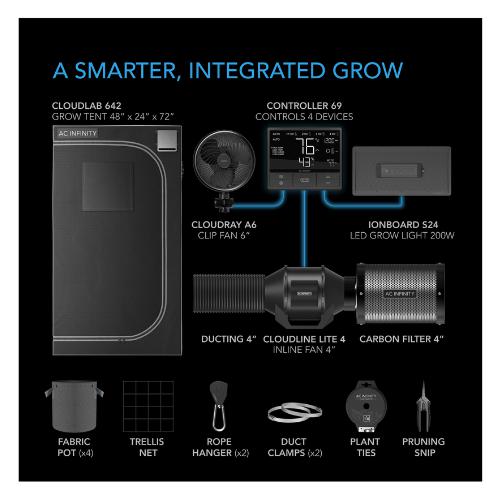 AC Infinity AC-PKB24 2' x 4' Advance Grow Tent System 2-Plant Kit with Integrated Smart Controls to Automate Ventilation and Circulation with Full Spectrum LED Grow Light