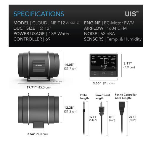 AC Infinity AI-CLT12 Cloudline T12 12-Inch Inline Duct Fan System with Temperature and Humidity Controller