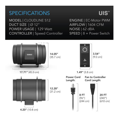 AC infinity AI-CLS12 Cloudline S12 12-Inch Inline Duct Fan System with Speed Controller